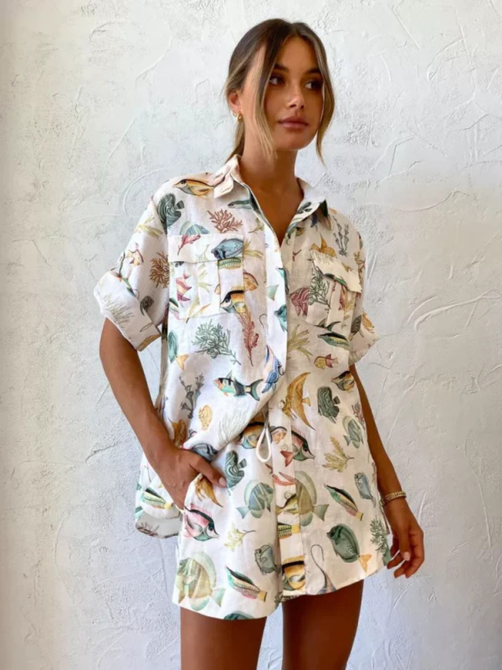 ZARA Unique Fish Print Short Sleeve Resort Drawstring Set